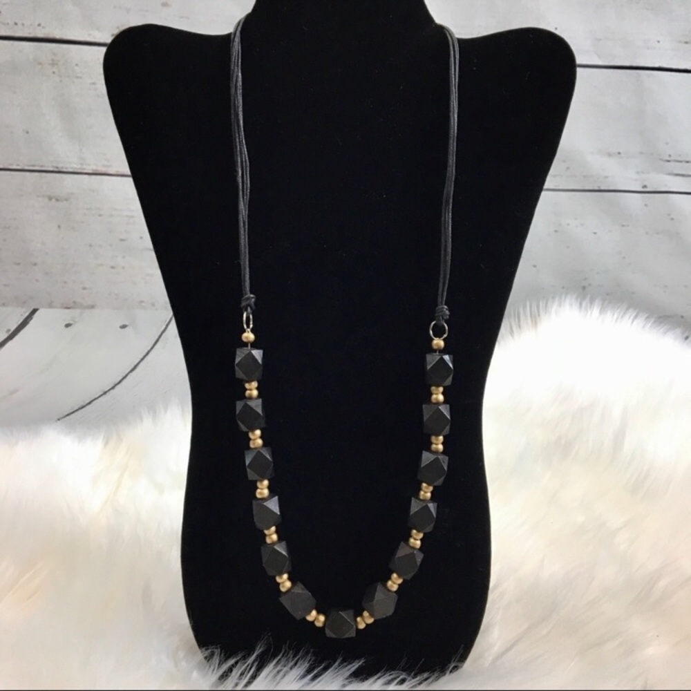 Wooden Bead Statement Necklace Cord Black and Gold Chunky Retro Urban Vibes Boho